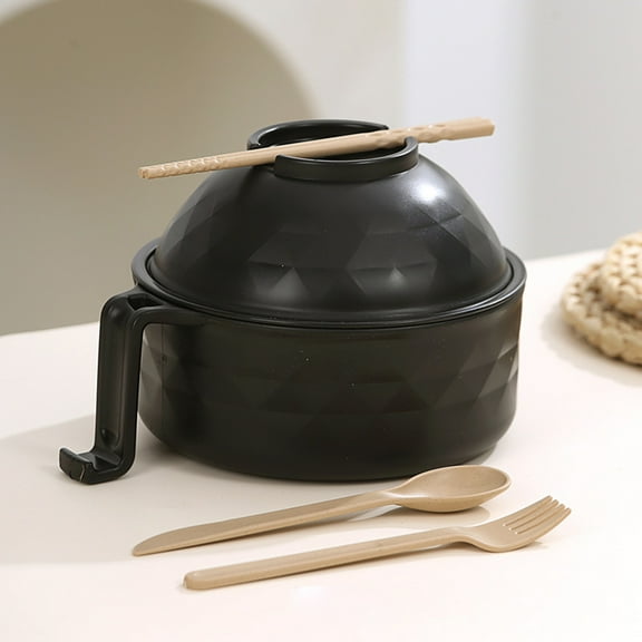 Ramen Noodle Bowl Set, 6 Piece Microwave Safe Noodle Cooker with Drain Basket, Chopsticks, Fork & Spoon, Bamboo Fiber Bowl for College Dorm Travel, BPA Free, Easy Clean Black
