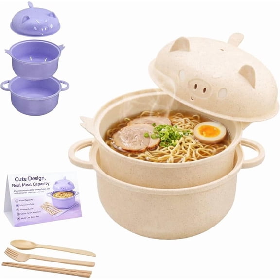 Ramen Noodle Bowl Set with Strainer Lid Cute Pig Wheat Straw Microwave Safe Container, Includes Spoon, Chopsticks & Fork, for Dorm, Office, Quick Meals, Pasta, Salad