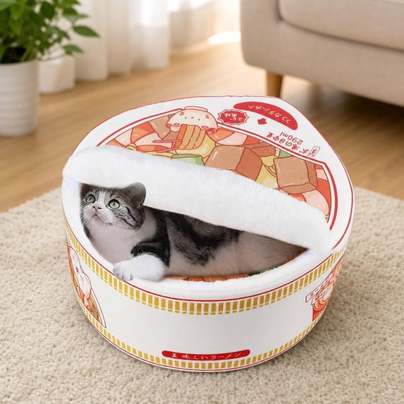 Ramen Noodle Cat Bed, Soft Warm Washable Pet Nest, White, 15.7 Inch ...