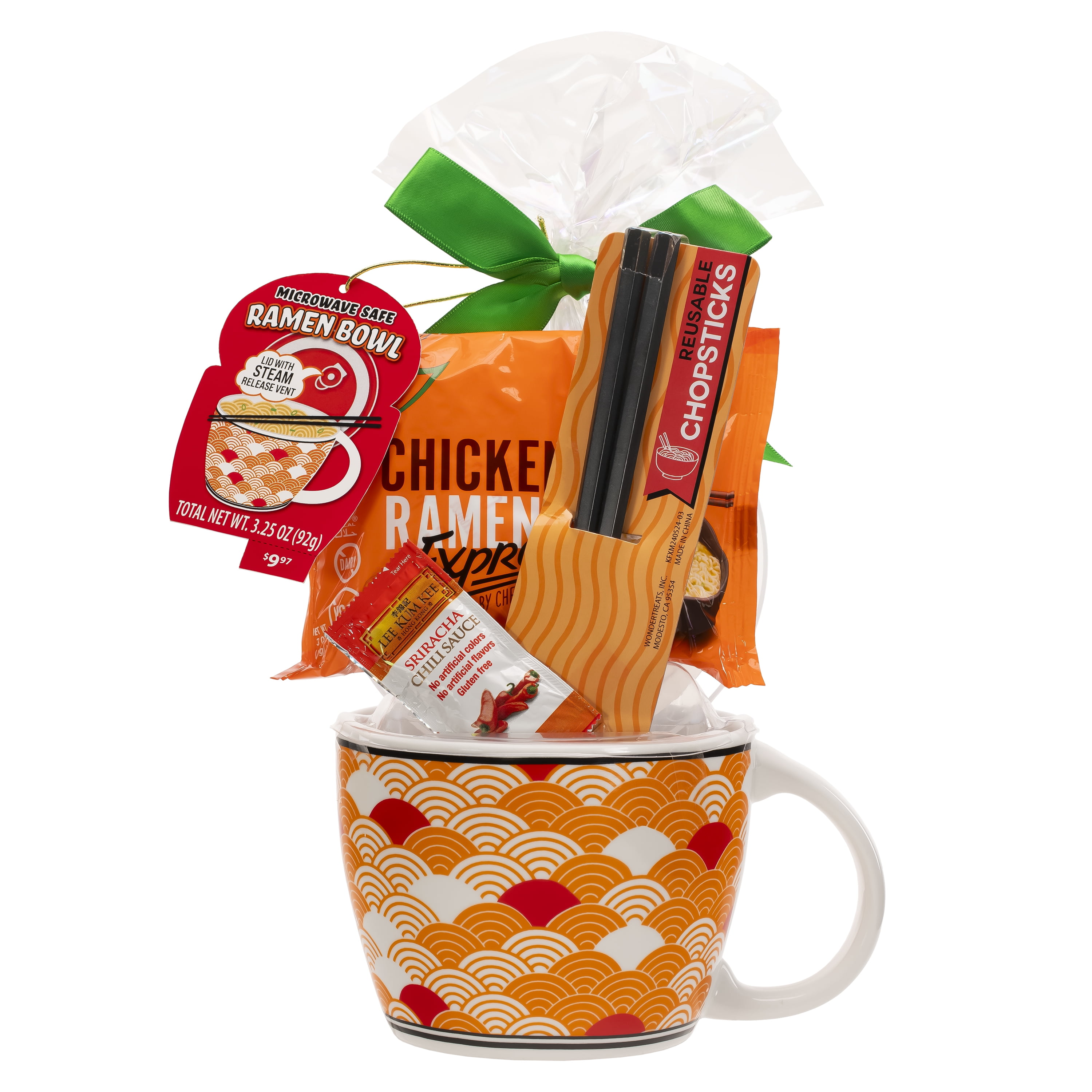 Wondertreats 24oz. Ceramic Soup Cup and Lid with Ramen Noodle, Chopsticks and Chili Sauce Gift Set, 1 Pack