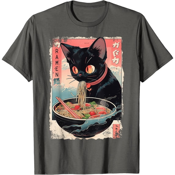 Ramen Noodles Cat Japan Y2K Kawaii Retro Cats Manga Anime Unisex T-Shirt for Men Women Kids Toddler,Charcoal Color,Size 4T