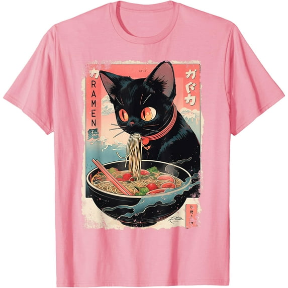 Ramen Noodles Cat Japan Y2K Kawaii Retro Cats Manga Anime Unisex T-Shirt for Men Women Kids Toddler,Light Pink Color,Size 2T