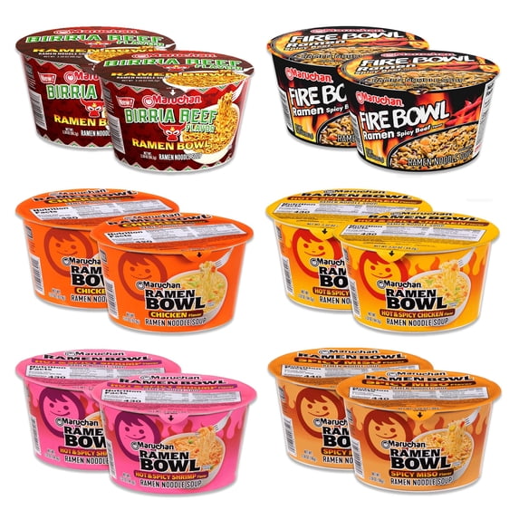 Maruchan Bowls Variety Pack of 6 Flavors 2 of Each Total of 12- Birria Beef, Flaming Beef, Chicken, Spicy Miso Chicken, Hot N Spicy Shrimp, and Hot n Spicy Chicken