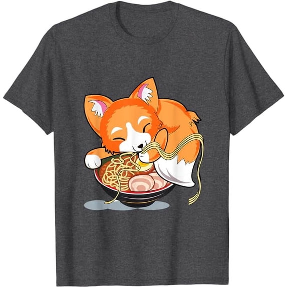 Ramen Noodles Fox Lover Kawaii Japanese Anime T-Shirt, Cute Gift For Men Women, Dark Heather Color, Size M