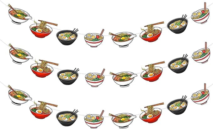 Ramen Party Decoration Banner Garland, 3 Pcs Japanese Noodles Birthday Party Decorations Ramen Banner Garland for Japanese Ramen Theme Birthday Party Baby Shower Supplies