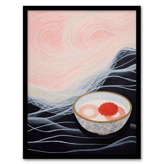 Ramen Reflections Noodles at Sea Pink Midnight Blue Kitchen Oil Painting Artwork Framed Wall Art Print A4