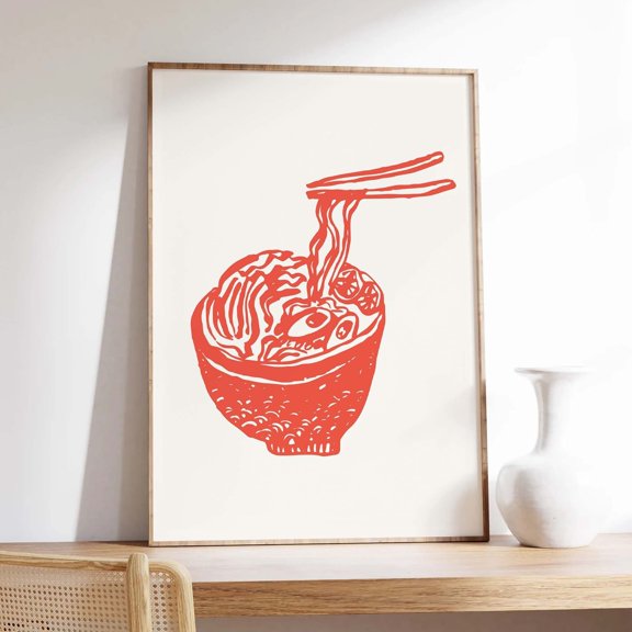 Ramen Sketch Poster, Red Retro Asian Noodles Kitchen Wall Art Print