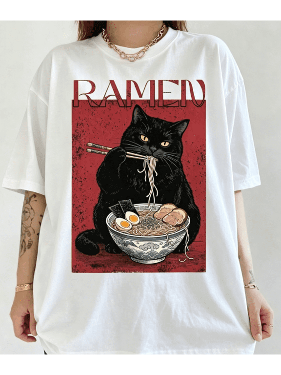 Ramen T-Shirt, Japanese Black Cat Shirt, Cute Noodle Graphic Tee, Funny Cat Lover Gift, Retro Japan Style Top for Women Men