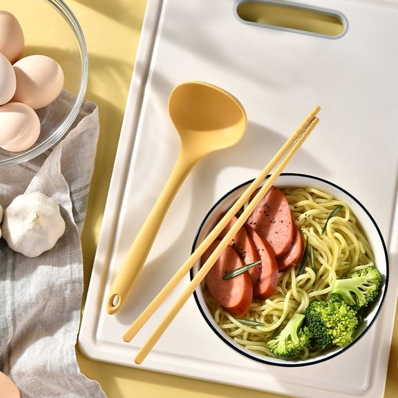 Ramen Utensils Set, Silicone Soup Ladle Chopsticks, Heat Resistant, Nonstick , Long Handle, Easy Clean, Yellow, Dishwasher , 2pc, 9Inch