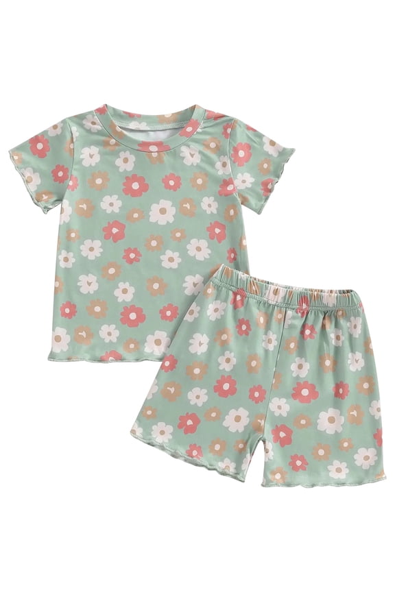 Ba'by Summer Outfits Set Tod'dler Ba'by Gi'rls Summer Outfits Daisy Ruffle Short Sleeve T-Shirts Tops Floral Shorts 2Pcs Clothes Set Green,6-12 Months