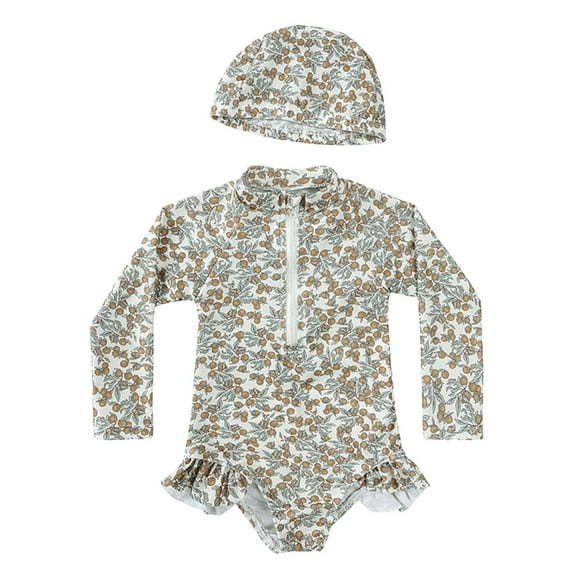 Ramiter Baby Girl Swimsuit Girl Swimsuit Long Sleeve One-Piece Swimwear with Hat Rash Guard Ruffle Floral Zipper Beach Infant Bathing Suit Brown,3-4 Years