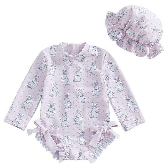 Ramiter Infant Swimsuit Girl Girls One-Piece Swimsuit Baby Long Sleeve Swimsuit Romper With Hat Bathing Suit Beach Rash Guard Sweet Girl Swimsuits Light Purple,2-3 Years