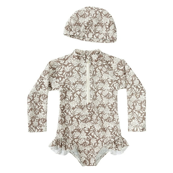 Ramiter Kids Bathing Suits Girls Infant Baby Girls Swimsuit Toddler Bathing Suit Long Sleeve Zipper One-Piece Rash Guard Ruffle Swimwear with Hat Coffee,9-12 Months