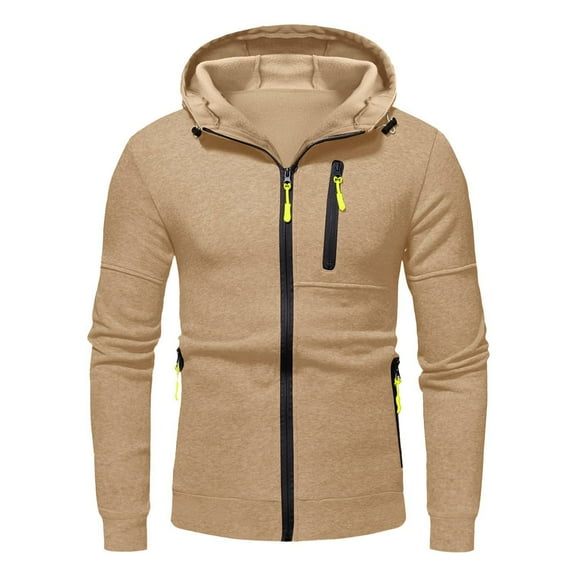 Ramiter Men's Full Zip up Hoodie Jacket with Zipper Pockets Sweatshirt Long Sleeve Hooded Coat Outwear Khaki,3XL