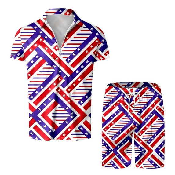 Ramiter Men's Independence Day Men Outfits 2 Piece Men's 2 Piece Outfits Short Sleeve Shirt and Shorts Set Beach Tracksuits Beige,L