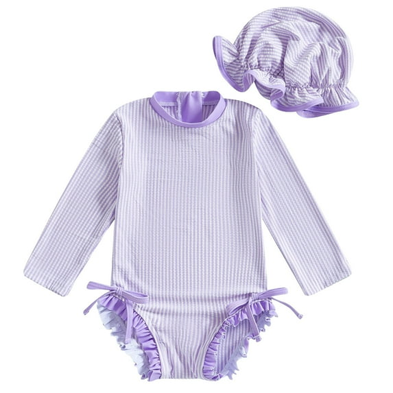 Ramiter Newborn Swimsuit Girl Baby Girls One Piece Swimsuits Long Sleeve Romper Hat Bathing Suit Beach Swimwear Purple,18-24 Months