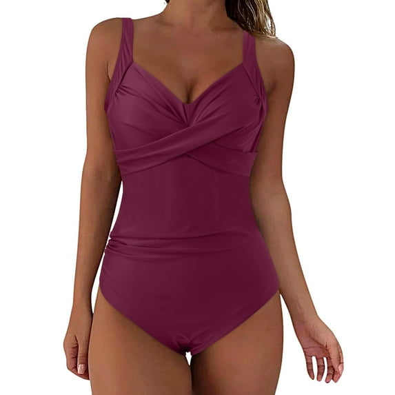 Ramiter One Piece Swimsuit Women's One Piece Swimsuit Halter Plunge Neck Ruched Tummy Control Bathing Suits S,Wine