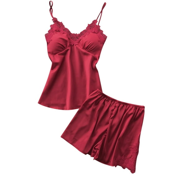 Ramiter Silk Pajamas Women Silk Satin Pajamas Sets V Neck Cami Top Ruffled Shorts 2 Piece Sleepwear M,Wine