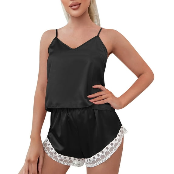 Ramiter Silk Pajamas for Women Silk Pajamas Set for Women Satin Backless Lingerie Pjs Cami Top and Shorts Nightwear S,Black