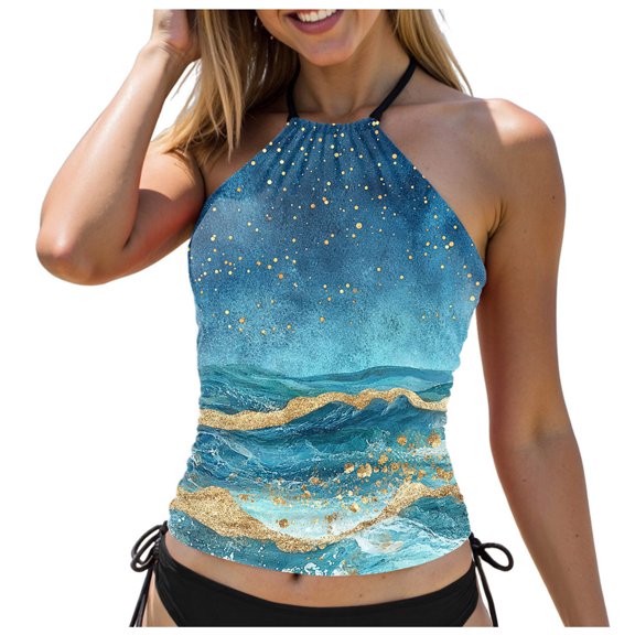 Ramiter Tankini Tops for Women Swimwear Top Only Tummy Control Bathing Suit Top No Bottom Modest Swim Top Sky Blue,M