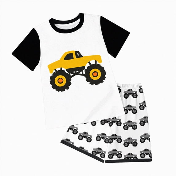 Ramiter Toddler Baby Boy Summer Outfits Excavator Embroidery Short Sleeve T Shirt Top Seersucker Stripe Shorts Set(Yellow,3-4 Years)