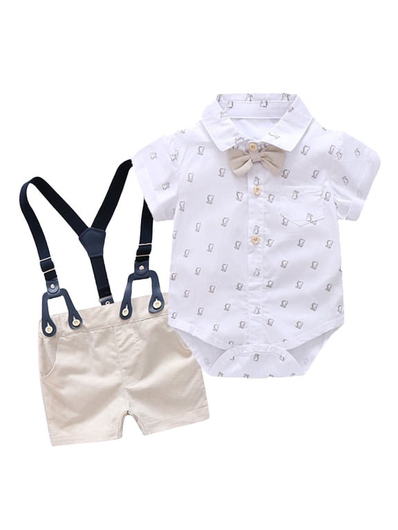 Toddler Suit for Boys Toddler Dress Suit Baby Bowtie Shirts Suspenders Pants 4pcs Gentleman Outfits Suits(White,6-9 Months)