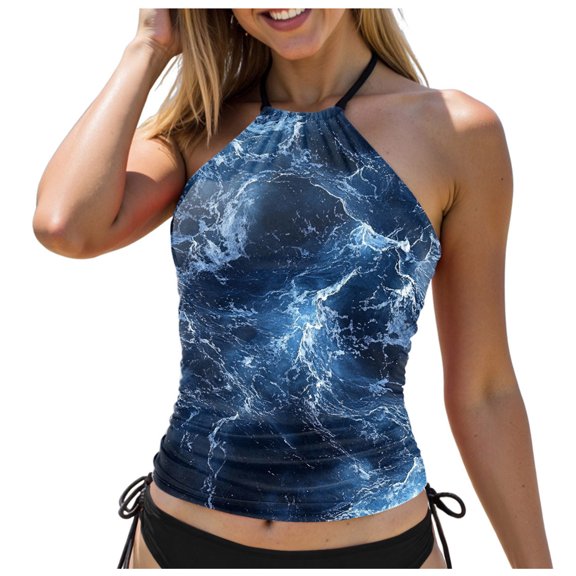 Ramiter Women No Bottom Modest Swimwear Tops Tankini Top Only Push Up Swimsuits Tummy Control Bathing Suit Navy,L