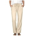 thumbnail image 1 of Ramiter Women's Pants Casual Petite And Straight Solid Elastic Long Drawstring Linen Waist Cotton Trousers Khaki,L, 1 of 2