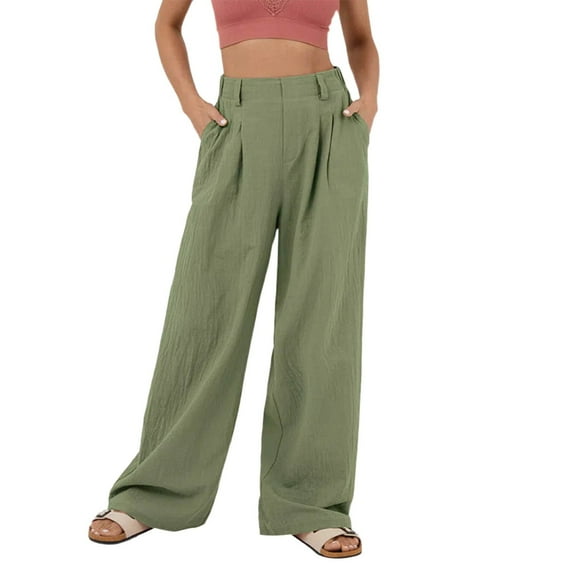 Ramiter Women's Pants Women's Casual High Waisted Pleated Pants Plain Wide Leg Loose Trousers Green,S