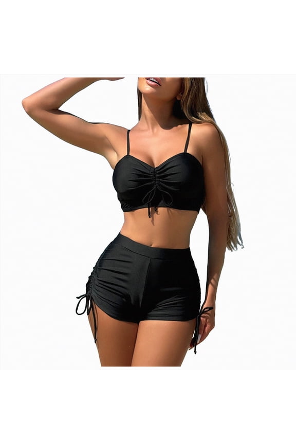 Women's Ribbed Bikini Sets Scoop Neck Cheeky Swimsuit Textured Two Piece Bathing Suit Womens Swimsuits(Black,M)