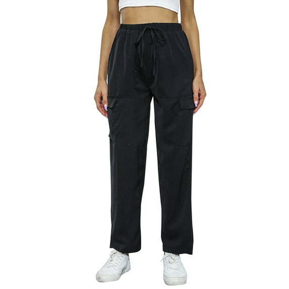 Ramiter Womens Pants Women's Elastic Waist Wide Leg Pants Frill Loose Trousers Palazzo Pants Black,XL