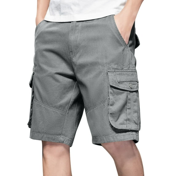 Ramiter Workout Shorts Male Summer Cargo Pants Button Solid Color Pocket Tether Plus Size Mid Wash Shorts,Gray