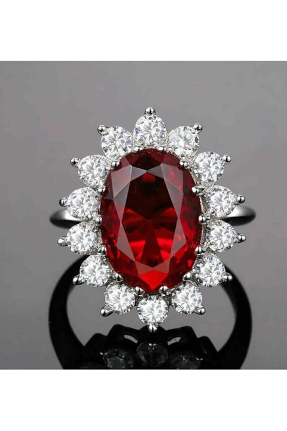 Ramji Jewels 3Ct Lab Created Ruby/Diamond Oval Cut Engagement Ring in 14K White Gold Plated