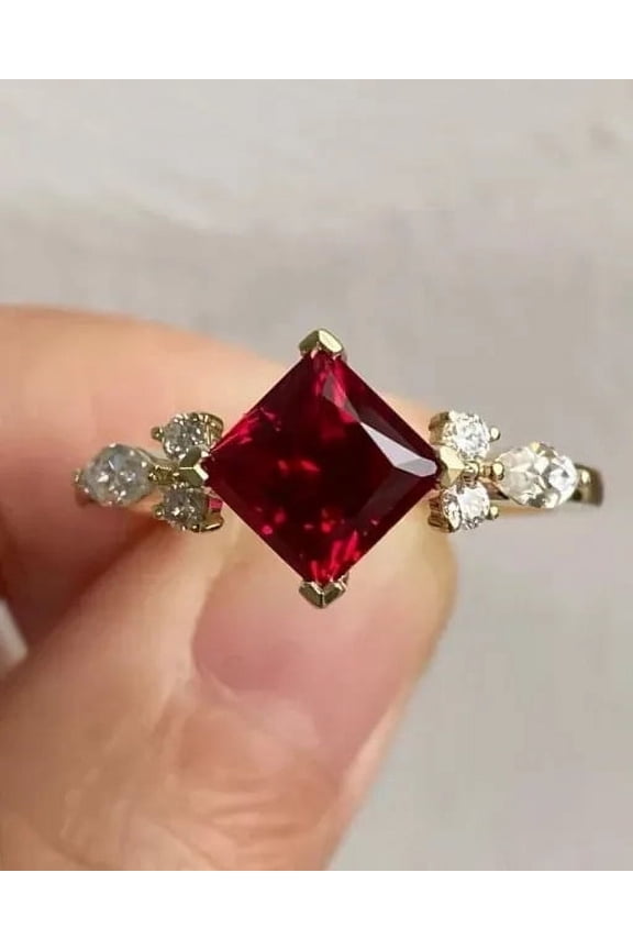 Ramji Jewels Ruby Diamond Ring in 14K Yellow Gold Plated with 2.5Ct Princess Cut Lab Created