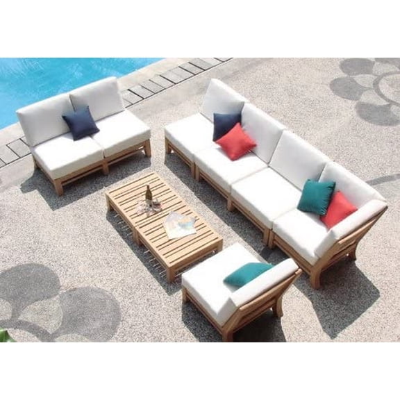 Ramled Sectional 7 Pc Sofa Set: 2 Sofas(Left & Right), Corner Piece, 2 Lounge Chairs, Coffee Table & Side Table With Cushions in Sunbrela Fabric #57003 Canvas White