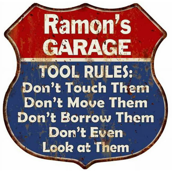 Ramon's Garage Man Cave Rules Sign Shield Metal Gift 211110001218