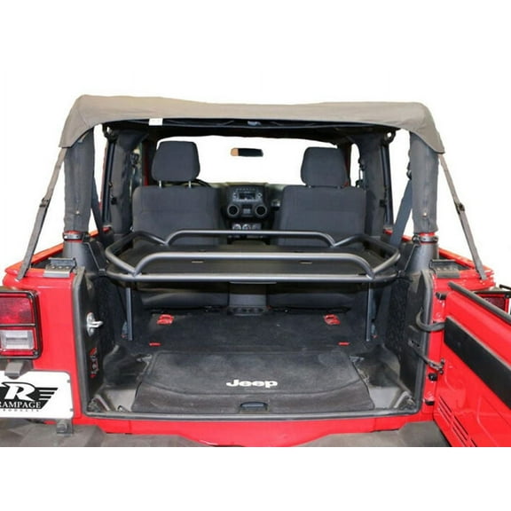 Rampage by RealTruck Rear Fold-Up Storage Rack | Interior Mount, Fold-Up w/Rear Seat Removed, Black Powder Coat | 86624 | Compatible with 2007 - 2018 Jeep Wrangler JK 2-Door