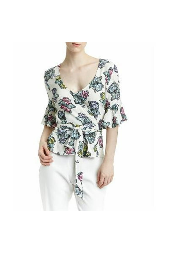 WHITE Women's Floral Front-Tie V-Neck Top, US Small