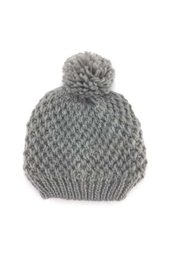 Women's Grey Metallic Knit Pom Beanie
