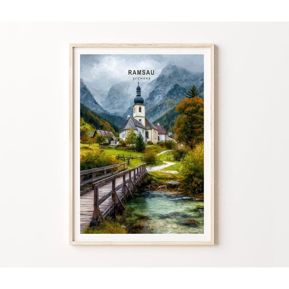 Ramsau Germany Alpine Village Church Mountain Landscape Art, Stretched Canvas 8x10in
