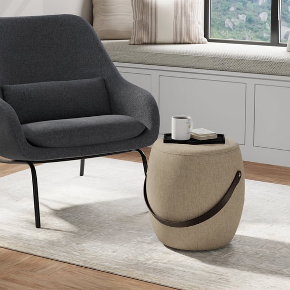 Simpli Home Ramsay 16 inch Wide Contemporary Irregular Footstool in Taupe Linen Look Fabric, Fully Assembled