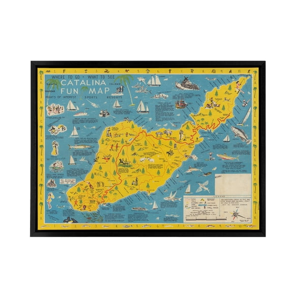 Ramsey 1947 Santa Catalina Island Fun Map Black Framed Canvas Art Print 12X16"