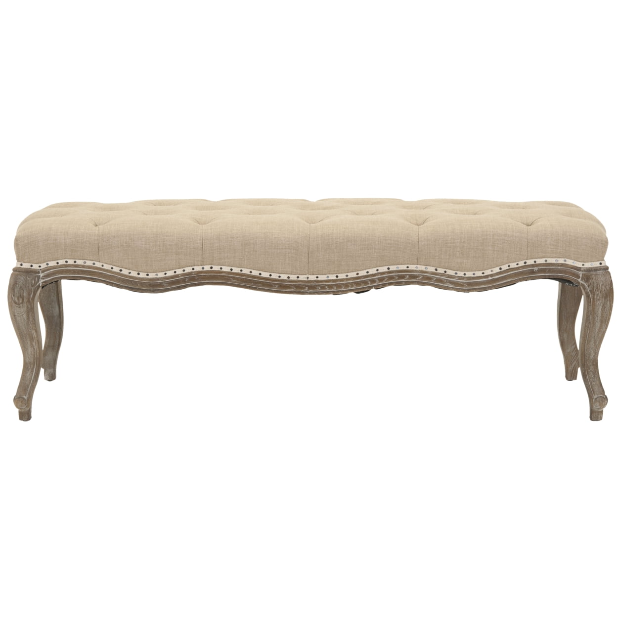 Transitional Beige Linen and Oak Tufted Bench