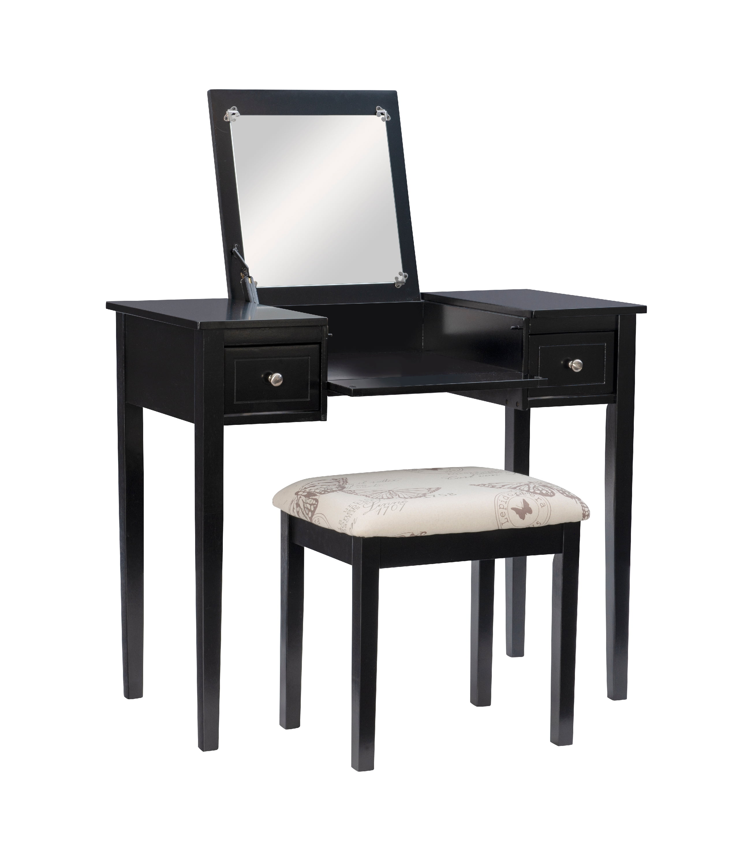 Ramsey Black Flip-Top Mirror Vanity and Butterfly Upholstered Stool Set
