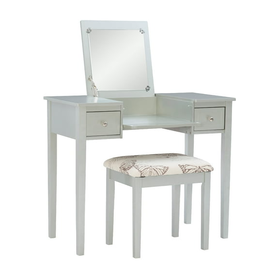 Ramsey Silver Flip-Top Mirror Vanity and Butterfly Upholstered Stool Set