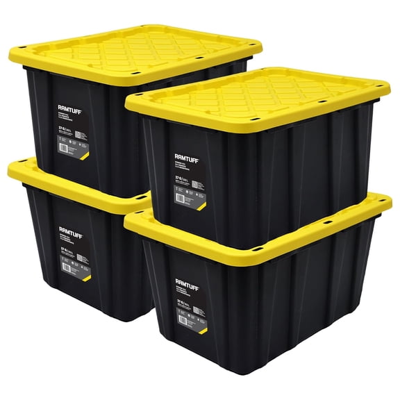 Ramtuff 4 Pack Heavy Duty Stackable Storage Container, Snap-Tight Lid, 27 Gallon, Black