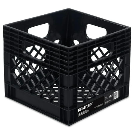Ramtuff Storage Milk Crate, Durable Plastic Organizer Box, 250 lb Capacity, Black, 1 Pack
