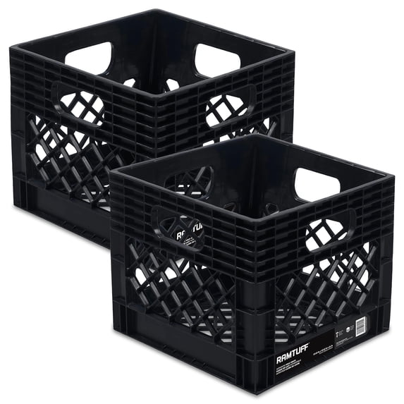 Ramtuff Storage Milk Crate, Durable Plastic Organizer Box, 250 lb Capacity, Black, 2 Pack