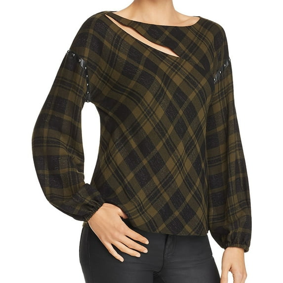 Ramy Brook Womens Embellished Plaid Pullover Blouse, Green, X-Small