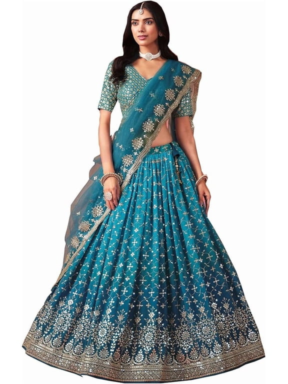 Ramzan Special Party Wear Sewn Heavy Embroidery Worked Lehenga Choli With Net Dupatta ( Greenish Blue, S - 38 )